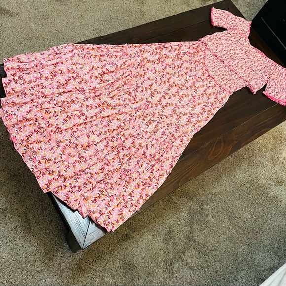 Poupette St Barth Soledad Smocked Midi Dress Pink Damask Floral Off Shoulder - Picture 12 of 16